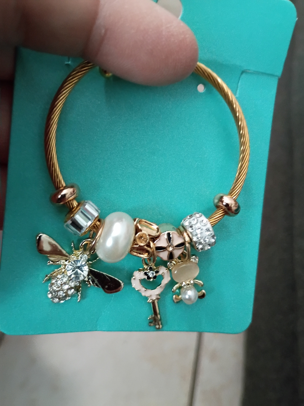 Gold-Tone Charm Bangle Bracelet with Pearl and Crystal Accents
